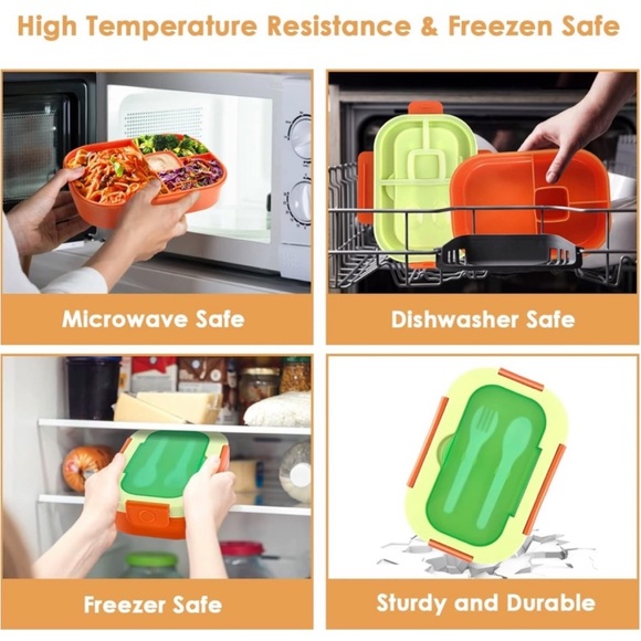 1.3L Bento Box Adult Lunch Box 4 Compartments Utensiles, Leak-Proof Purple - Picture 7 of 12